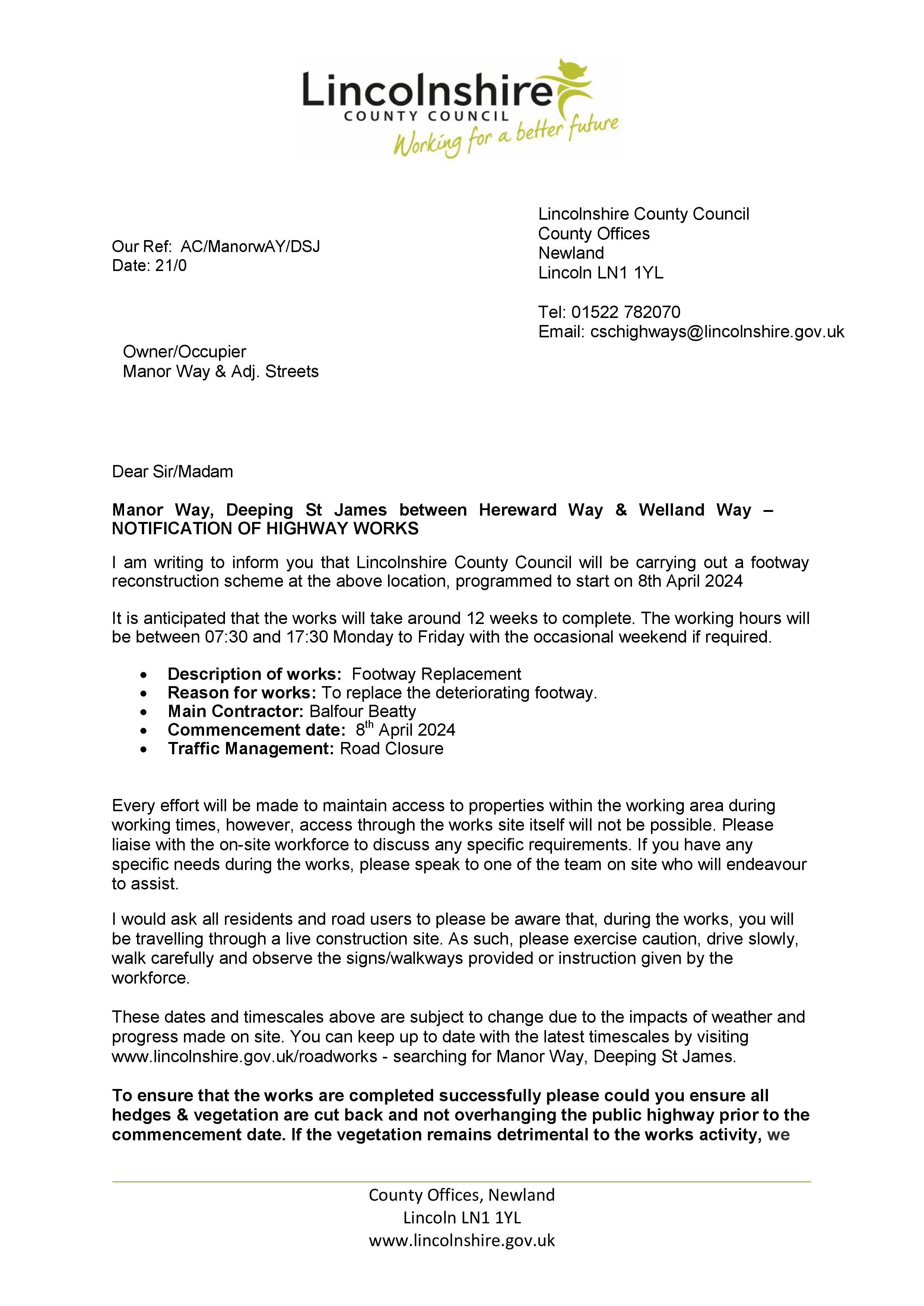 Lcc resident letter manor way deeping st james for work to commence from 8 april 24 1