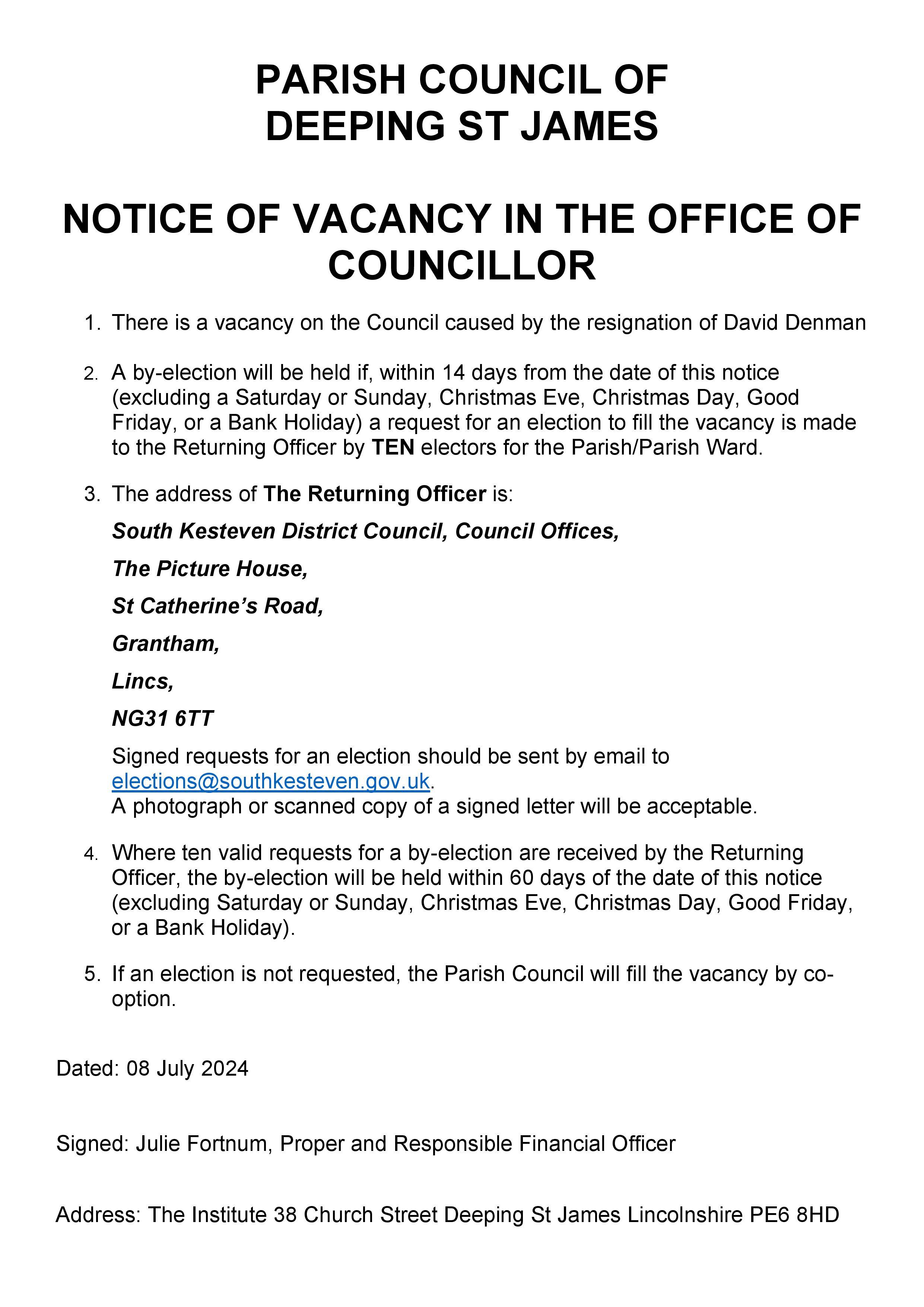 Parish council vacancy notice resignation of david denman